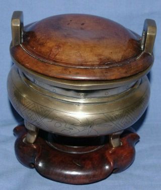 Very Fine Antique Chinese Bronze Censer With Handles & Signed with Stand & Cover 5