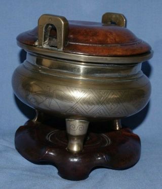 Very Fine Antique Chinese Bronze Censer With Handles & Signed with Stand & Cover 6