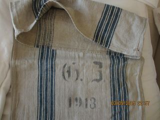 Antique European Grain Sack 50 " Thick Herringbone Unusual Indigo Stripes 1913