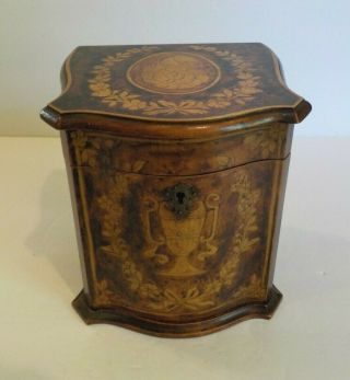 Unusual English Marquetry Painted Tea Caddy,  C.  1900
