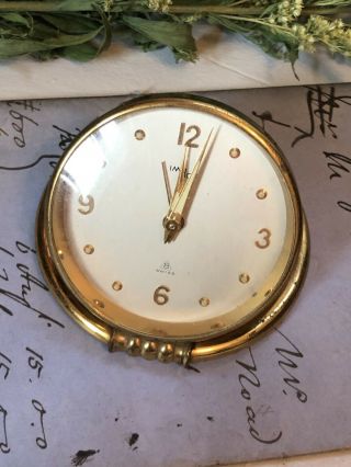 Vintage Swiss Imhof Travel 8 - Day Gilt Brass Desk Circle Alarm Wind Clock Stand