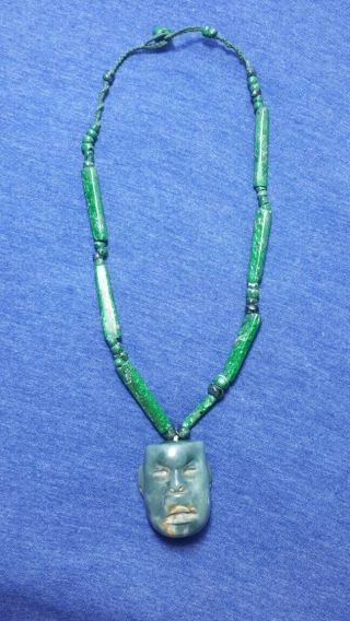 Pre - Columbian Mayan Imperial Jade Necklace With Olmec Blue Jade Mask From Mexico