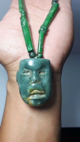 Pre - Columbian Mayan imperial jade necklace with Olmec Blue jade mask from Mexico 5