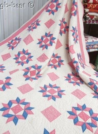 Fine Quilting c 1920s Hands Around VINTAGE Quilt Cottage Pink Blue 12