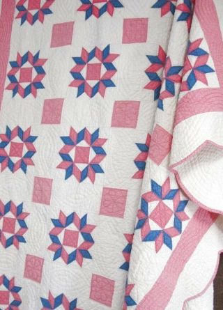 Fine Quilting c 1920s Hands Around VINTAGE Quilt Cottage Pink Blue 2