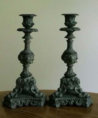 Rare White Metal Faces Gothic French Figural Candle Holders Candlesticks