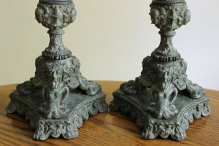 Rare White Metal Faces Gothic French Figural Candle Holders Candlesticks 5