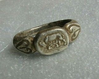 Ancient Roman Large Legionary Silver Ring With " Wolf " - Detector Find