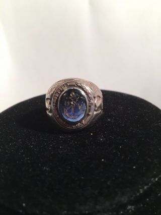 Rare Old Sterling Silver Blue Glass Gold Anchor Etched United States Navy Ring