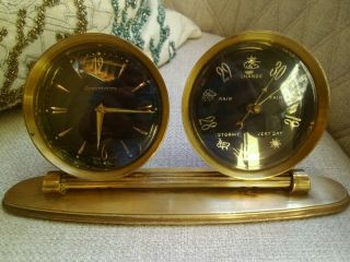 Vintage Brass Remembrance Swiss Desk Clock 7 Jewels Weather Barometer Swivel