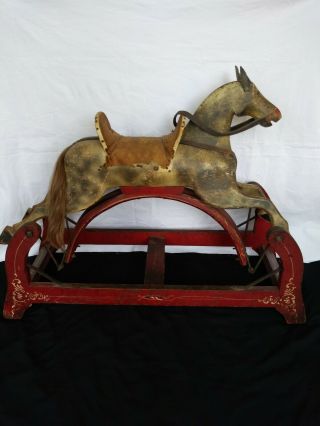 Antique Primitive Glider Rocking Horse Carved Wood And Iron All