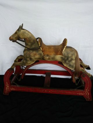 Antique Primitive Glider Rocking Horse Carved Wood and Iron All 3