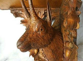 Antique Black Forest Carved Wood Wall Bracket Shelf With Deer/antelope Head