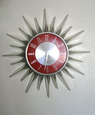 Vintage Kirch Starburst Mid - Century Sunburst Red Silver Metal Art Wall Clock