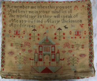 Antique Needlework Sampler By Mary Dickinson Aged17 1842.