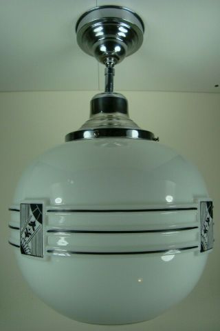 Vtg 30s Art Deco J.  C.  Virden Huge Milk Glass Globe & Chrome Ceiling Fixture Light