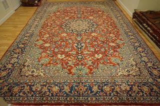 Handmade Persian Isfahan Rust Navy Blue Gold Ivory Gold Olive Medallion Rug10x14 5