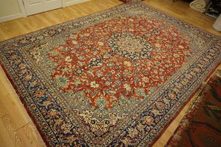 Handmade Persian Isfahan Rust Navy Blue Gold Ivory Gold Olive Medallion Rug10x14 8