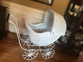 Antique Wicker Baby Carriage,  White 101 years old,  48” long x 24” wide 3