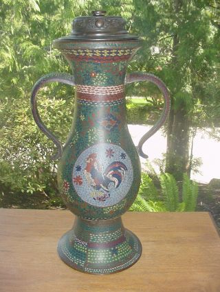 Old Antique 17 Inch Chinese Bronze Cloisonne Enamel Vase With Lid