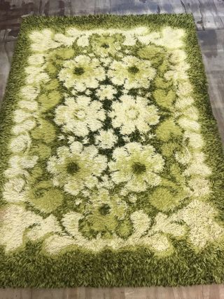 Vintage Grean Rya Swedish Rug Carpet Handmade Wool Size:195x140 Cm Decorative