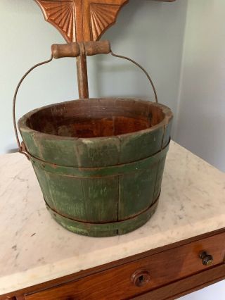 Antique Primitive Small Wooden Berry Bucket Pail Vintage Wood Handle Green