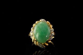 Antique Chinese Apple Green Jade Diamond 14k Gold Ring A804 - 35