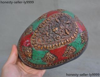 Tibet Tantric Cattle bone Inlay turquoise Red Coral lapis lazuli Kapala Bowl cup 3