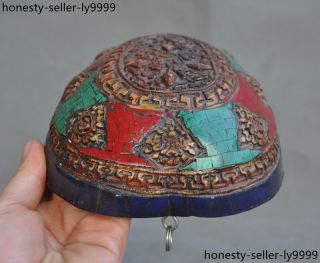 Tibet Tantric Cattle bone Inlay turquoise Red Coral lapis lazuli Kapala Bowl cup 5