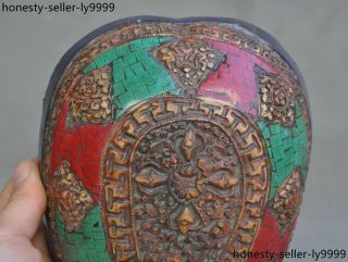 Tibet Tantric Cattle bone Inlay turquoise Red Coral lapis lazuli Kapala Bowl cup 9