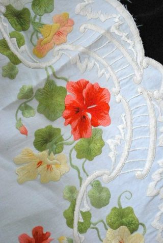 Antique Large Society Work Embroidered Tablecloths Vibrant Silks On Linen 2