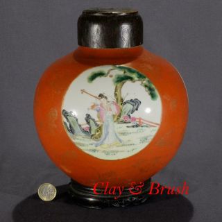 Chinese Famille Rose Antique Porcelain Jar,  Red Coral Ground,  Figures,  Daoguang