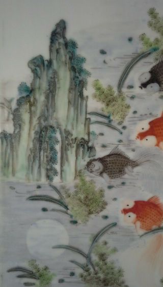 Antique Chinese Porcelain Painted Tile Plaque Moon Fish Ocean Scene Signed 15x10 3