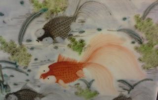 Antique Chinese Porcelain Painted Tile Plaque Moon Fish Ocean Scene Signed 15x10 4