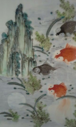 Antique Chinese Porcelain Painted Tile Plaque Moon Fish Ocean Scene Signed 15x10 7