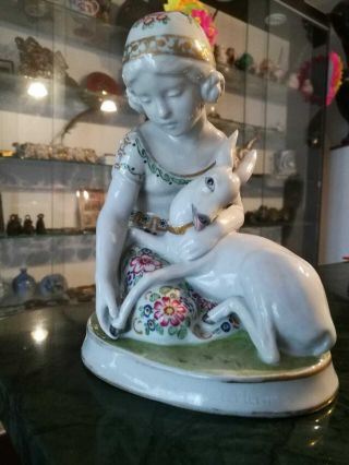 Lovely Kunst Heubach Porcelain Girl With Deer Figurine