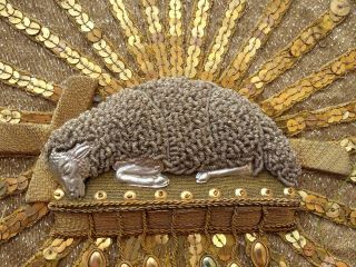 Antique Catholic Religious Holy Lamb Agnes Gold Metallic Needlework Embroidered