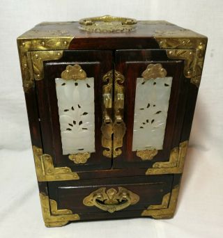 Vintage Chinese Wooden Wedding Jewellery Box Inlaid White Jade,  Brass With Lock