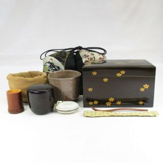 G721: Rare Japanese Old Lacquered Chabako Box With Makie And Old Tea Utensils