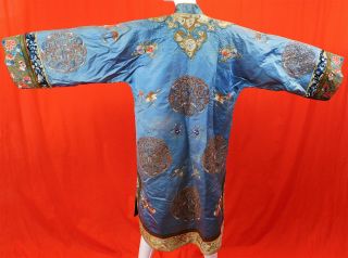 Antique Chinese Blue Silk Gold Couching Embroidered Roundels Cloud Collar Robe