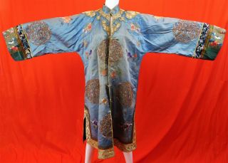 Antique Chinese Blue Silk Gold Couching Embroidered Roundels Cloud Collar Robe 2