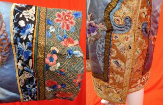 Antique Chinese Blue Silk Gold Couching Embroidered Roundels Cloud Collar Robe 3