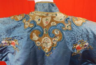 Antique Chinese Blue Silk Gold Couching Embroidered Roundels Cloud Collar Robe 5