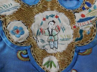 Antique Chinese Blue Silk Gold Couching Embroidered Roundels Cloud Collar Robe 6