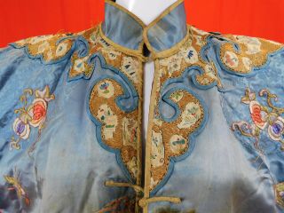 Antique Chinese Blue Silk Gold Couching Embroidered Roundels Cloud Collar Robe 8