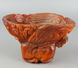 Chinese Exquisite Hand - Carved Mythical Beast Carving Ox Horn Cup