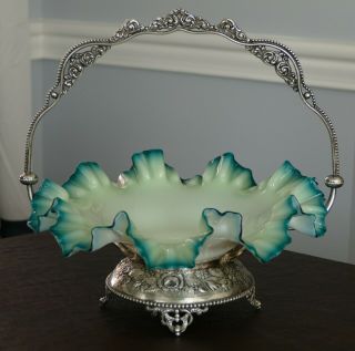 Antique Victorian Brides Basket Ruffle Edge Glass Bowl & Silver Plate Stand