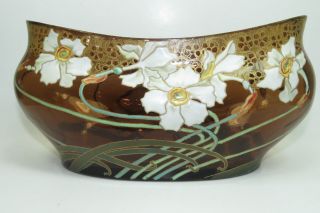 Vintage Bohemian Art Nouveau Elongated Glass Vase With Enamel Flowers C.  1900