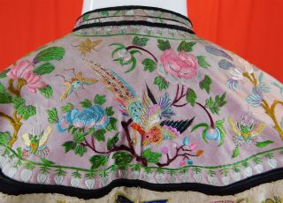 Antique Chinese Embroidered Flowers Insects Birds Red Sleeve Band Cuffs Robe Vtg 5