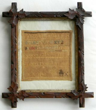 Antique Petite Sampler Signed Dated 1840 In A Black Walnut Wood Frame Sweet